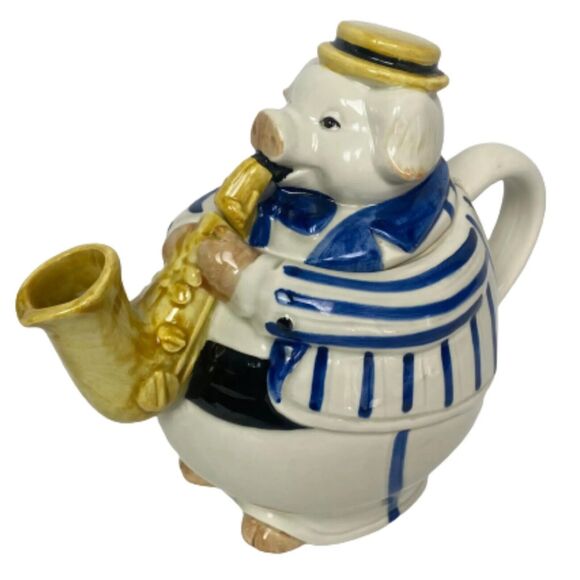 Vintage Hand Painted Teapot Musician Pig Playing Saxophone Jazz Vintage Japan - Picture 3 of 16